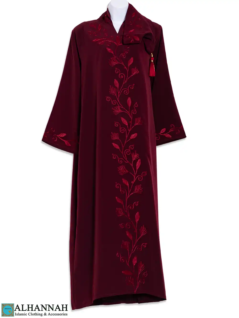 Floral Vine Embroidered Hooded Abaya in Maroon ab916