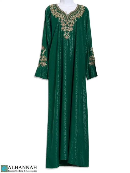 Golden Embroidered Cotton Abaya in Pine ab929