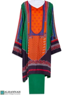 Paisley Cotton Blend Salwar Kameez in Orange and Green with Traditional Bead print SK1308
