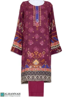 Plum-Colored Floral Cotton Blend Salwar Kameez with Diamond Rose Embroidery SK1316