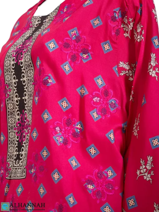 Rose-Tinted Paisley Print Cotton Blend Salwar Kameez with Diamond Rose Embroidery SK1307
