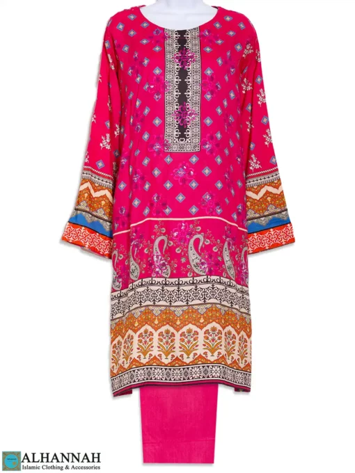 Rose-Tinted Paisley Print Cotton Blend Salwar Kameez with Diamond Rose Embroidery SK1307_1