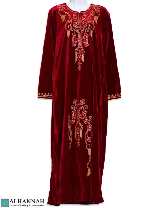 Ruby Velour Arabian Thobe with Gold Floral Embroidery th825