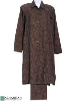 Streaked Patterned Button-Up Tunic with Pants in Brown st655