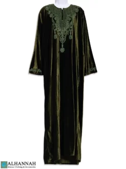 Traditional Embroidered Velvet Abaya in Olive th823