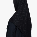 Black square hijab with jacquard baroque leaf design.