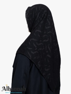 Black square hijab with jacquard baroque leaf design.