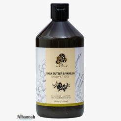 Madina Halal Shea Butter and Vanilla Shower Gel in a 500ml bottle, Paraben free, moisturizing skincare product.