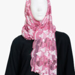 Pink triangle sequined tulle Shayla hijab with detailed embroidery and sparkling accents on a white background.