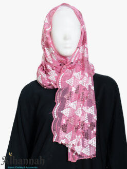 Pink triangle sequined tulle Shayla hijab with detailed embroidery and sparkling accents on a white background.