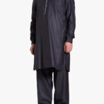 Black Salwar Kameez with Front Pocket and Gray-Stripe me1030