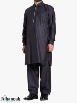 Black Salwar Kameez with Front Pocket and Gray-Stripe me1030