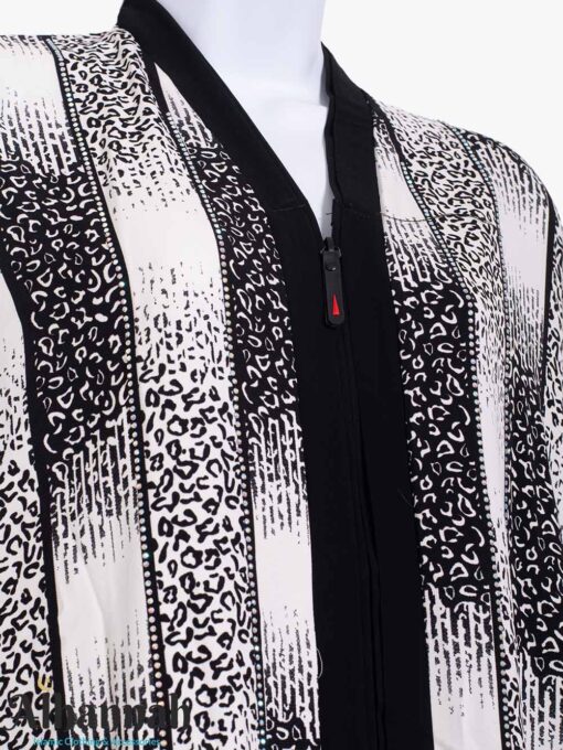 Girls Abaya with Black and White Pattern and Crystal Trim Close Up ch596