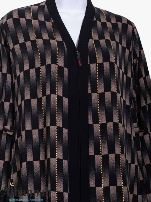 Girls Abaya with Geometric Golden Pattern and Crystal Trim Close Up ch599