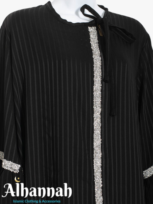 Striped-Black-Abaya-with-Encrusted-Crystal-Applique-ab939-close-up