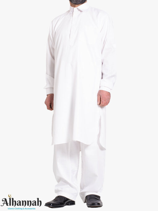 White Salwar Kameez with Front Pocket and Shirt Collar me1028