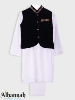 Boys White Salwar Kameez with Geometric Embroidered Vest ch611