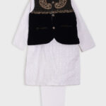 Boys White Salwar Kameez with Paisley Embroidered Vest ch613