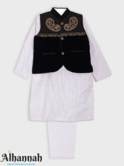 Boys White Salwar Kameez with Paisley Embroidered Vest ch613