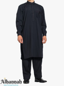 Men’s Pakistani Style Salwar Kameez – Black with Button Collar me1105