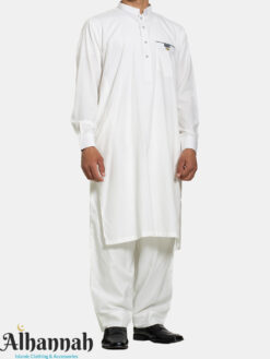 Men’s Pakistani Style Salwar Kameez – White with Pocket Trim me1109
