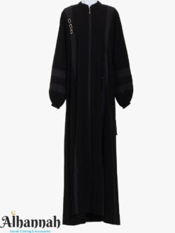Stylish Black Zip-Front Abaya with Embellished Buckle and Trim Detail ab956