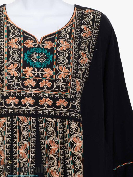 Vibrant Black Thobe with Coral and Turquoise Floral Embroidery and Ornate Patterns th831 (2)