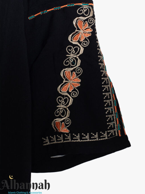 Vibrant Black Thobe with Coral and Turquoise Floral Embroidery and Ornate Patterns th831 (3)